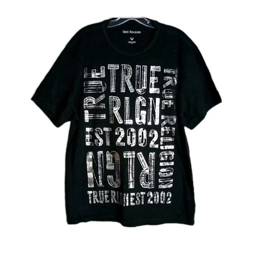 True Religion‎ Silver Logo Black Short Sleeve Men's T-Shirt XL